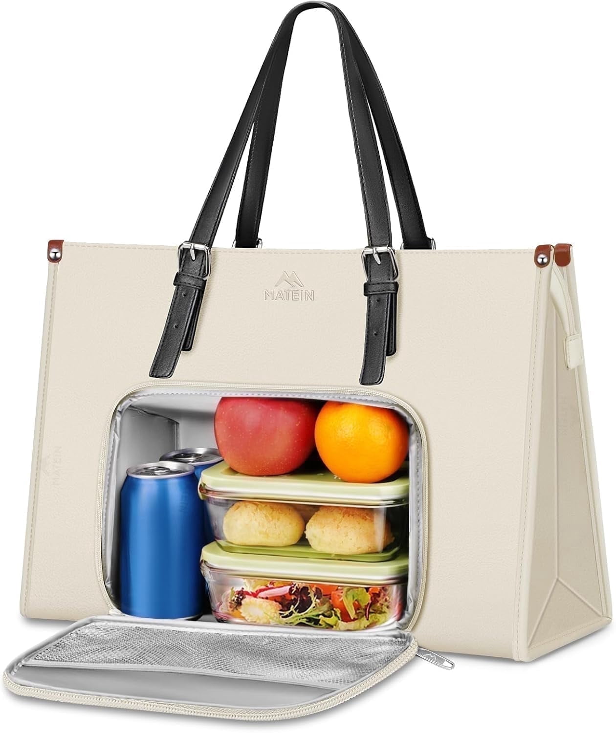 Matein Laptop Tote Bag with Insulated Lunch Compartment for Women Men, 15.6 inch Waterproof PU Leather Business Briefcase Handbag, Beige