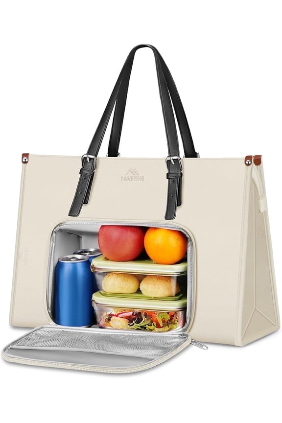 Laptop Tote Bag with Insulated Lunch Compartment for Women Men, 15.6 inch Waterproof PU Leather Business Briefcase Handbag, Beige