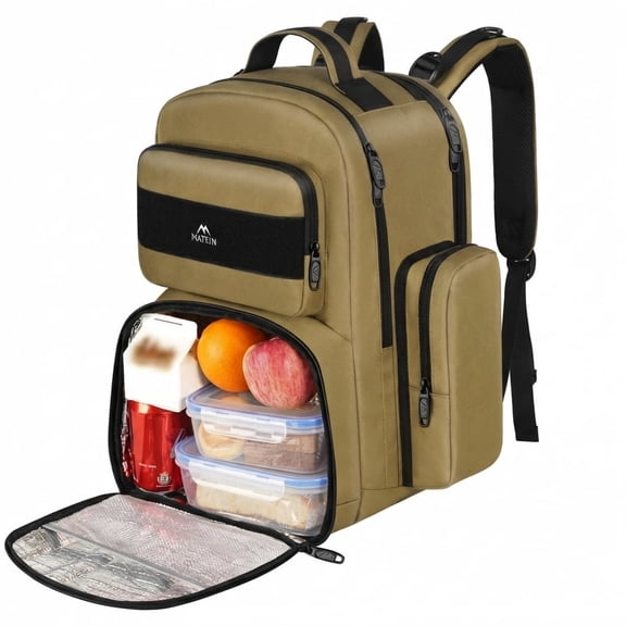 Matein Lunch Backpack for Men Women, 15.6in Laptop Backpack with Insulated Cooler Lunch Box, Brown