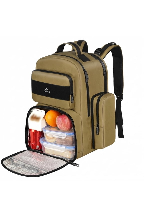 Lunch Backpack for Men Women, 15.6in Laptop Backpack with Insulated Cooler Lunch Box, Brown