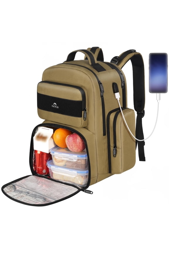 Lunch Backpack for Men Women, 15.6in Laptop Backpack with USB Port and Insulated Cooler Lunch Box, Brown