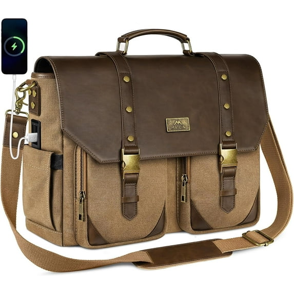 Matein Messenger Bag, 15.6in Vintage Laptop Bag with USB Charging Port & RFID Blocking Pocket for Men, Brown