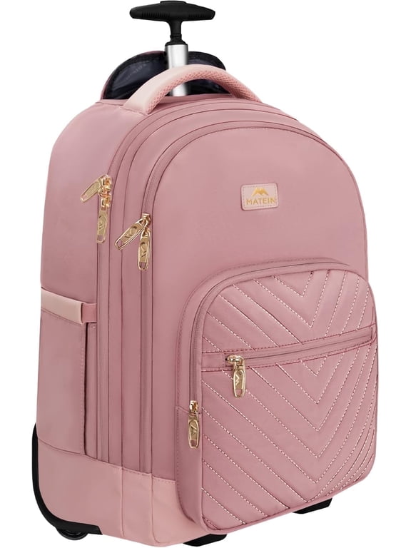 Rolling Travel Backpack for Women, 17 inch Waterproof Carry on Luggage Bag with Wheels , Pink