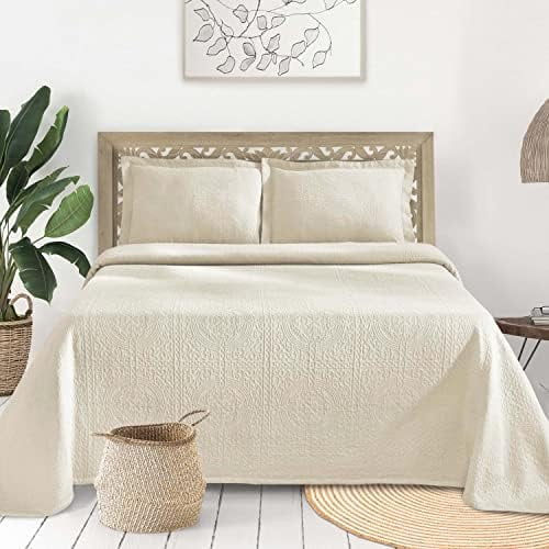 Matelasse Fleur De Lis 100 Cotton Medallion 3Piece Bedspread Set Queen, Ivory