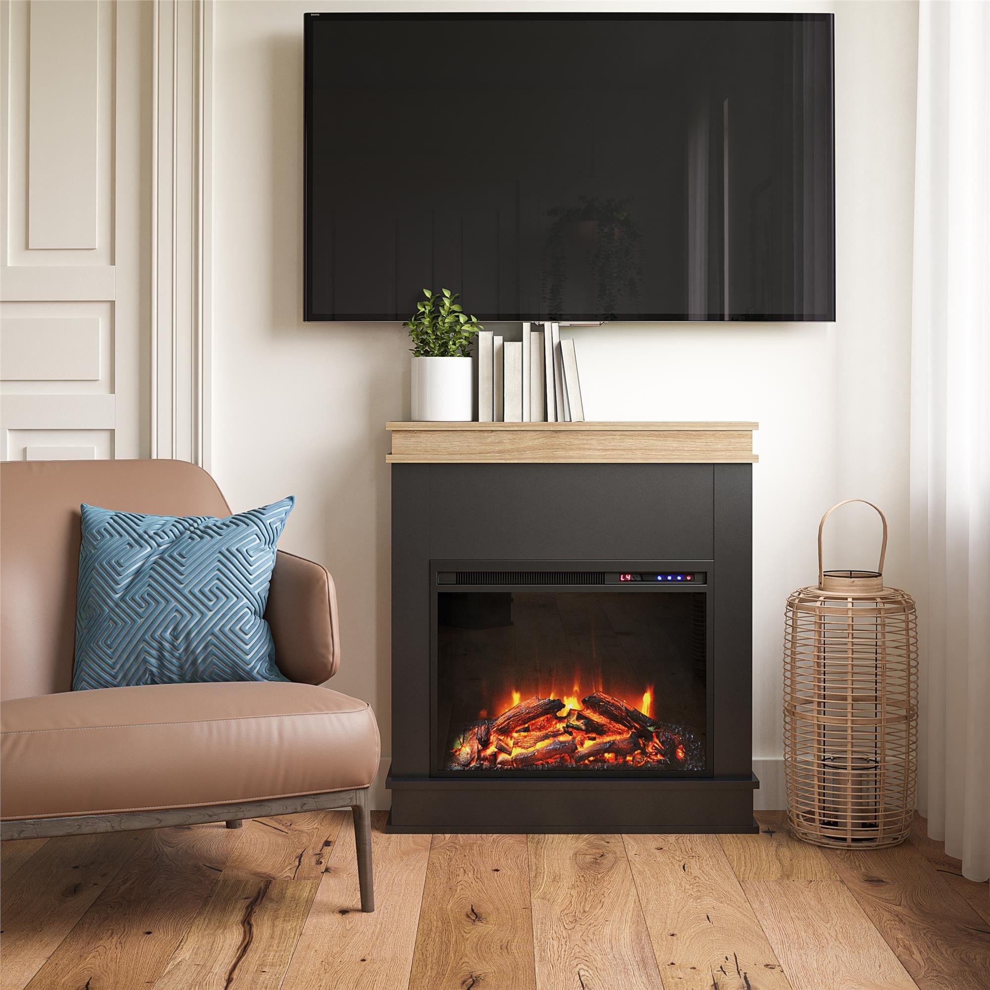 Mateo Black Electric Fireplace with Natural Wood Mantel