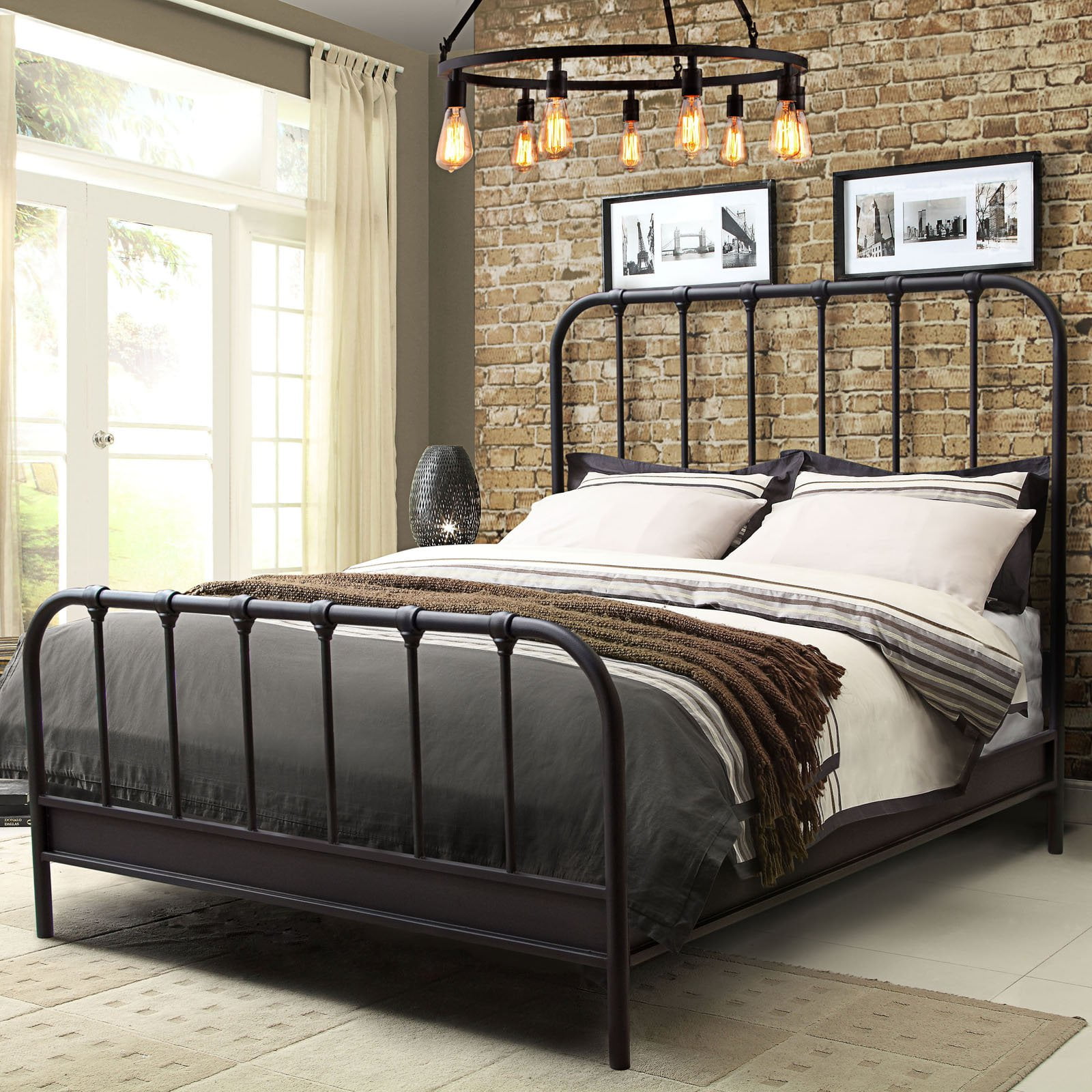 Mateo Rust Brown Metal Queen Bed with Curved Headboard