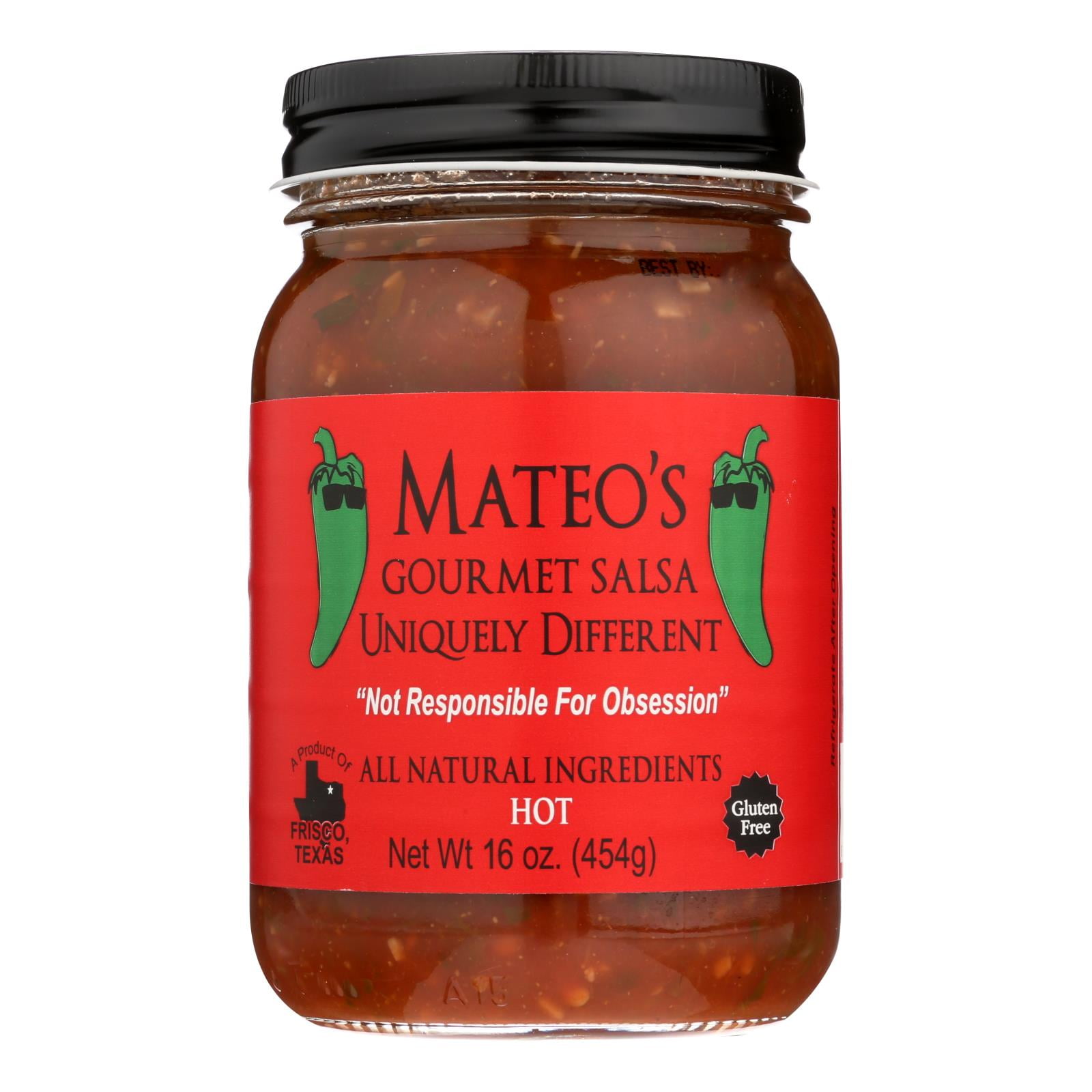 Mateo's All Natural Gourmet Salsa, Hot, 16 oz Glass Jar