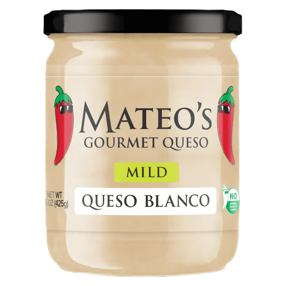 Mateo's Gourmet Queso Blanco Dip, Mild Heat, 15oz Glass Jar, No Artificial Colors or Flavors. Queso Blanco, "Cheese Dip"