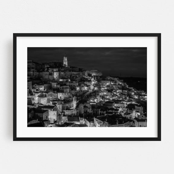 Matera by Night 02 B&W - Matera Basilicata Italy Photography Black and White Night Sky Architecture City Nightlife Scenic Travel Poster Black Framed Wall Art Print 5 x 7 inches