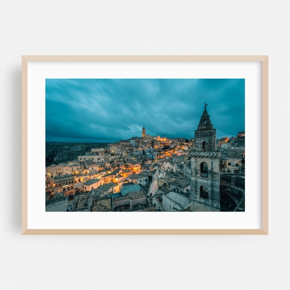 Matera by Night 03 - Matera Basilicata Italy Photography Oak Framed Wall Art Print 16 x 24 inches