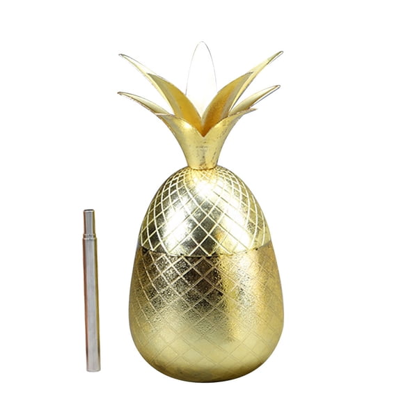 Golden Pineapple Shaped Stainless Steel Drinking Cup with Straw for Party Use 7.5 Inches