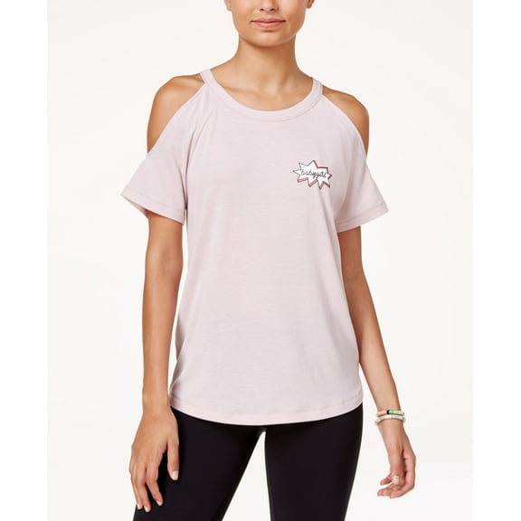 Material Girl Juniors Babygirl Graphic Cold Shoulder Top Shimmer Pink L