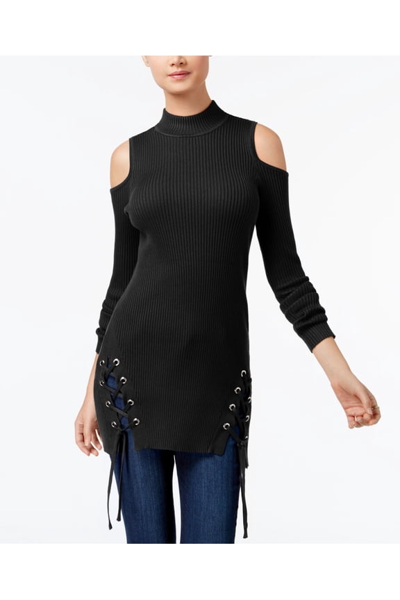 Juniors Cold Shoulder Lace Up Tunic Caviar M