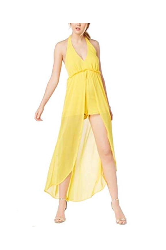 Juniors' Halter Romper with Sheer Overlay Maxi Skirt, M ($65)