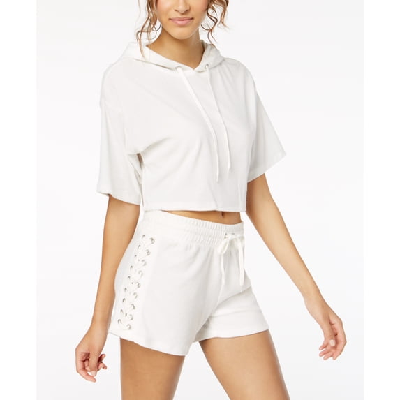 Material Girl Juniors' Hooded Crop Top Bright White L