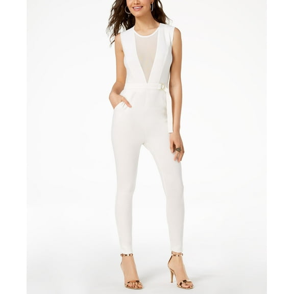 Material Girl Juniors Illusion Belted Jumpsuit Cloud Dancer L