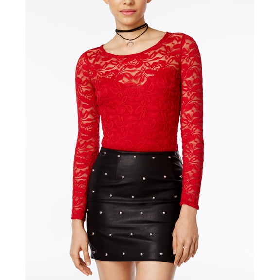 Material Girl Juniors Illusion Lace Bodysuit Lipstick Red 2XS