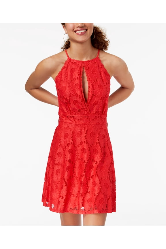 Juniors Lace Fit Flare Dress Hibiscus M