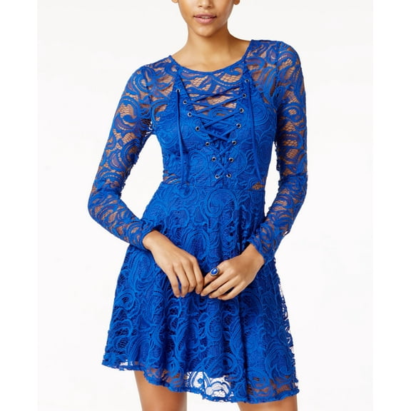Material Girl Juniors' Lace Fit & Flare Dress (Surf The Web, L)