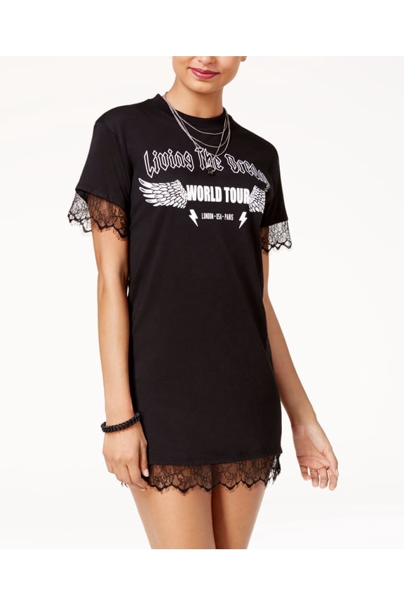 Juniors Lace Trim T-Shirt Dress Caviar Black S