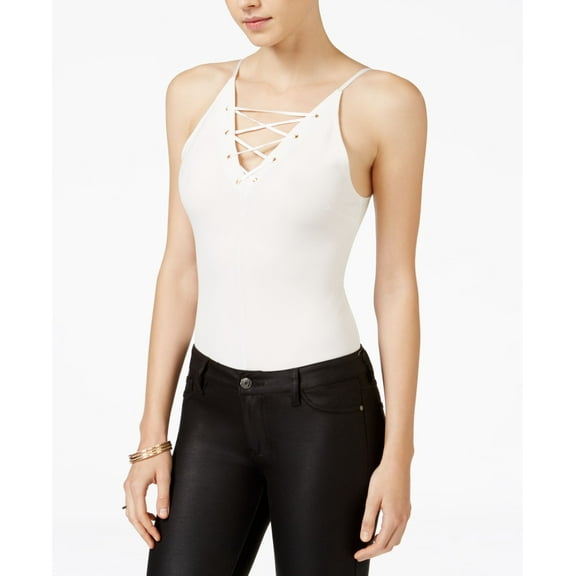 Material Girl Juniors' Lace-up Thong Bodysuit (White, L)