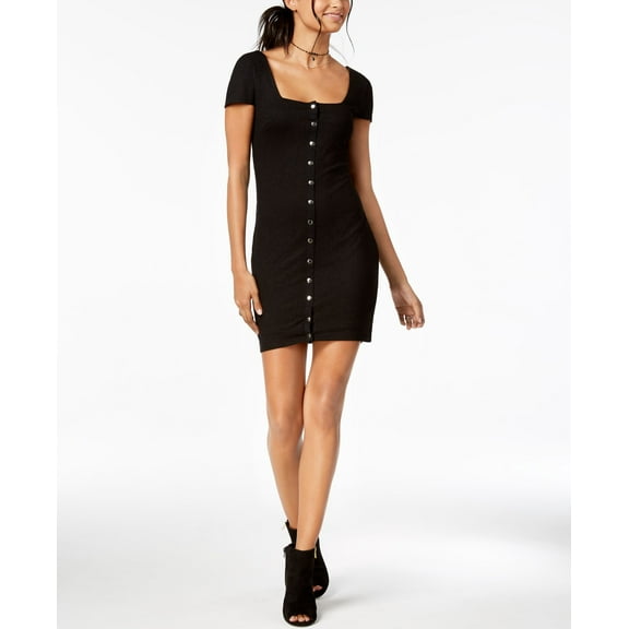 Material Girl Juniors' Metallic-Detailed Rib-Knit Bodycon Dress (Caviar Black, M)