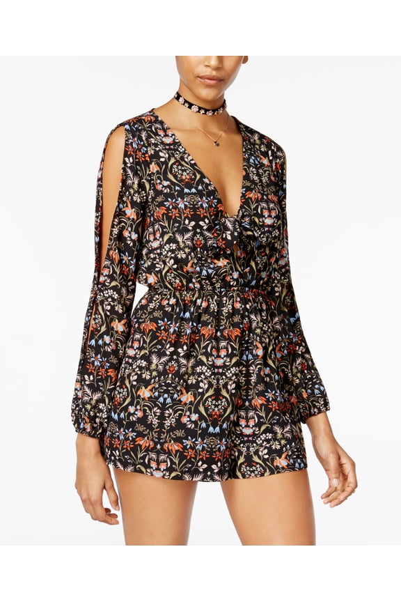 Juniors Printed Cold Shoulder Romper Caviar Black Combo S