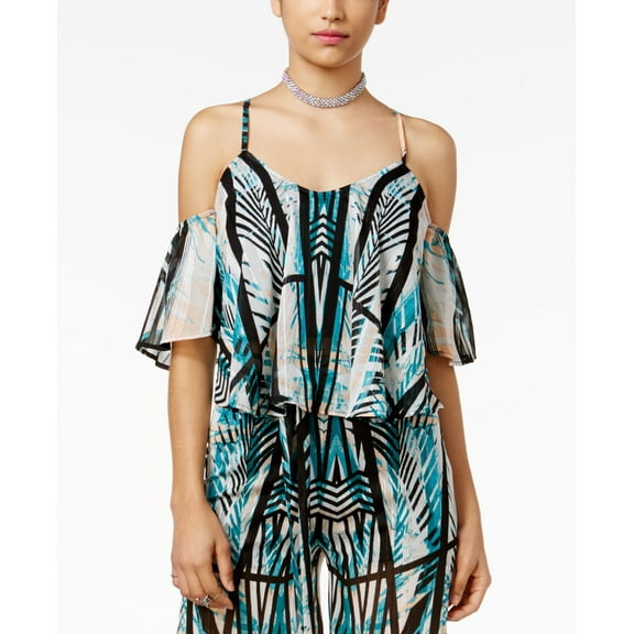 Material Girl Juniors Printed Cold Shoulder Top Caviar Black Combo XS