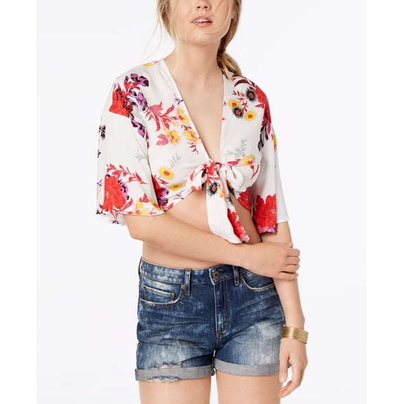 Material Girl Juniors Printed Tie Front Crop Top Floral Cloud Dancer S