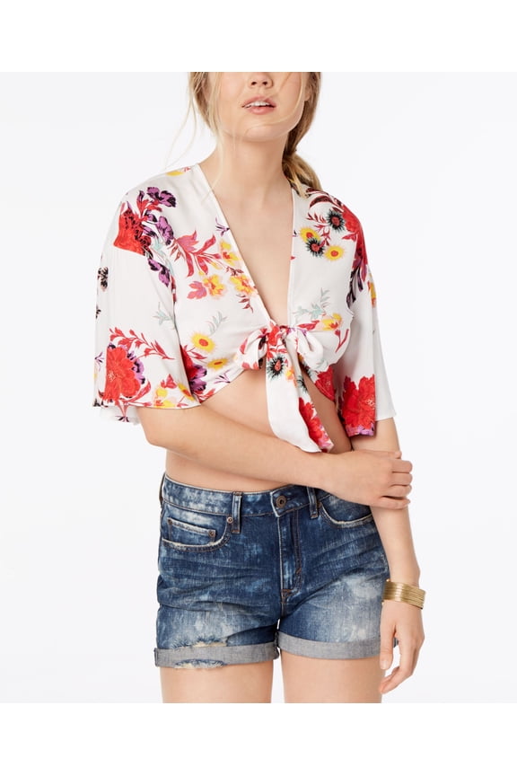 Juniors Printed Tie Front Crop Top Floral Cloud Dancer XS