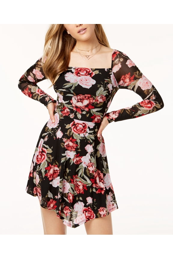 Juniors Rose Print Mesh Fit Flare Dress Caviar Black Combo S