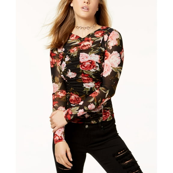 Material Girl Juniors' Ruched Rose-Print Mesh Top (Caviar Black Combo, L)