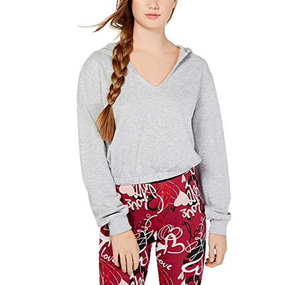 Material Girl Juniors' V-Neck Balloon-Sleeve Hoodie (Heather Grey, L)