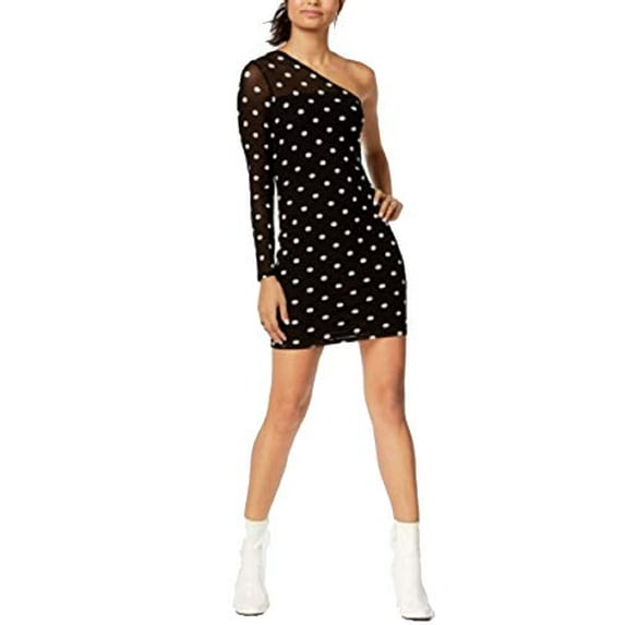 Material Girl Printed Mesh One-Shoulder Bodycon Dress Juniors M Black MSRP $78