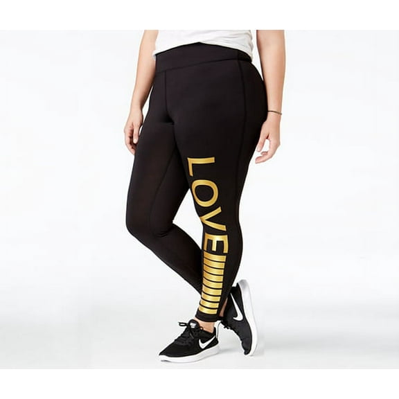 Material Girl Womens Active Plus Size Metallic Love Graphic Leggings Noir 3X