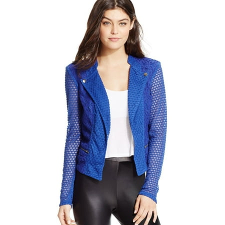 Material Girl Womens Illusion-Sleeve Motorcycle Jacket, Blue, Juniors, XX-Small