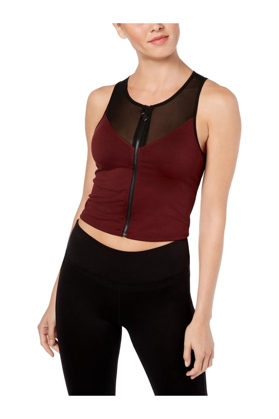 Womens Zip-Front Mesh-Inset Crop Top Red S