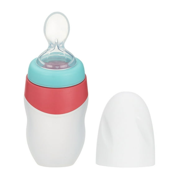 Maternal and Baby Supplies 120ML Creative Flat-bottomed Rice Paste Bottle,Multi-purpose Baby Training Feeding Spoon Feeder with Soft Spoon for Complementary Food,Stand-Up Design,BPA-Free Red