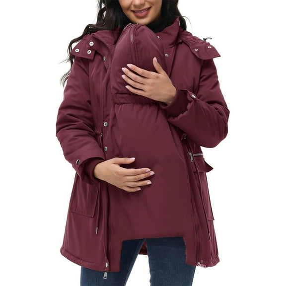Maternity 3 in 1 Winter Coat Thicken Quilted Lined Warm Hooded Outwear Puffer Down Jacket Parka with Pockets Red M