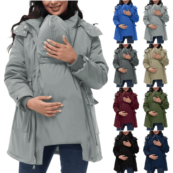Maternity 3 in 1 Winter Coat for Women Hooded Thickened Thermal Quilted Puffer Jackets with Pockets Cold Weather Parka Outerwear Maternity Clothes