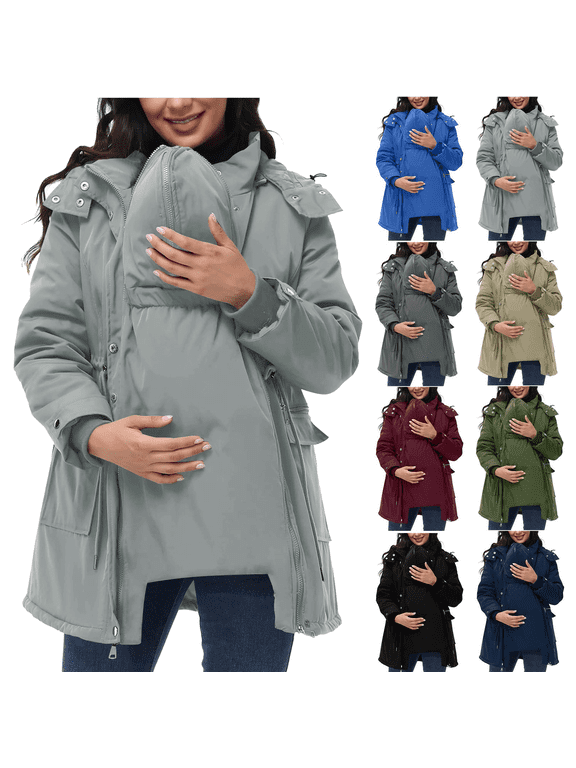 Maternity 3 in 1 Winter Coat for Women Hooded Thickened Thermal Quilted Puffer Jackets with Pockets Cold Weather Parka Outerwear Maternity Clothes