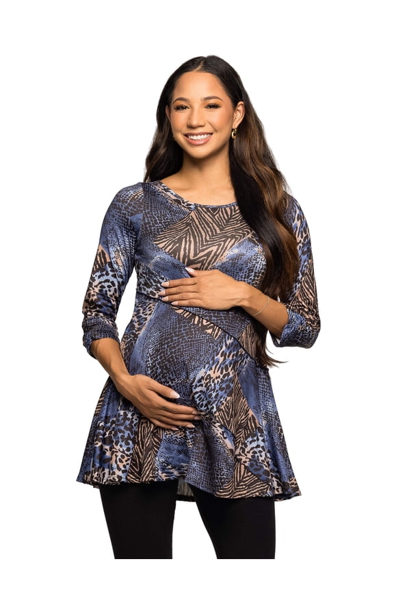 Maternity Animal Boat Neck Ruched Swing Top