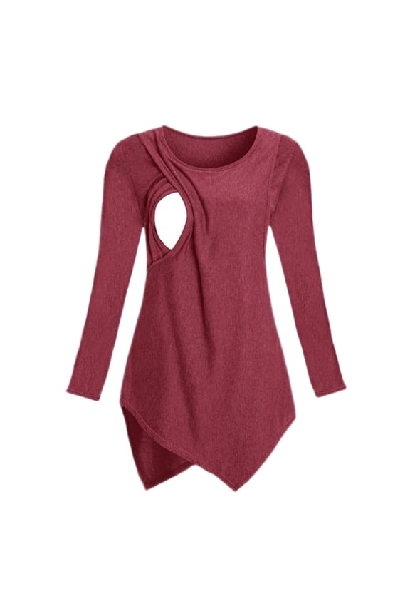 Pregnancy Asymmetric Nursing Top Solid Long Sleeve Ribbed, Side Drawstring Round Neck Blouse for Pregnancy, for All Trimesters, Dark Blue