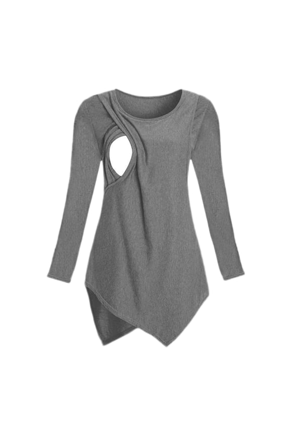 Pregnancy Asymmetric Nursing Top Solid Long Sleeve Ribbed, Side Drawstring Round Neck Blouse for Pregnancy, for All Trimesters, Dark Blue