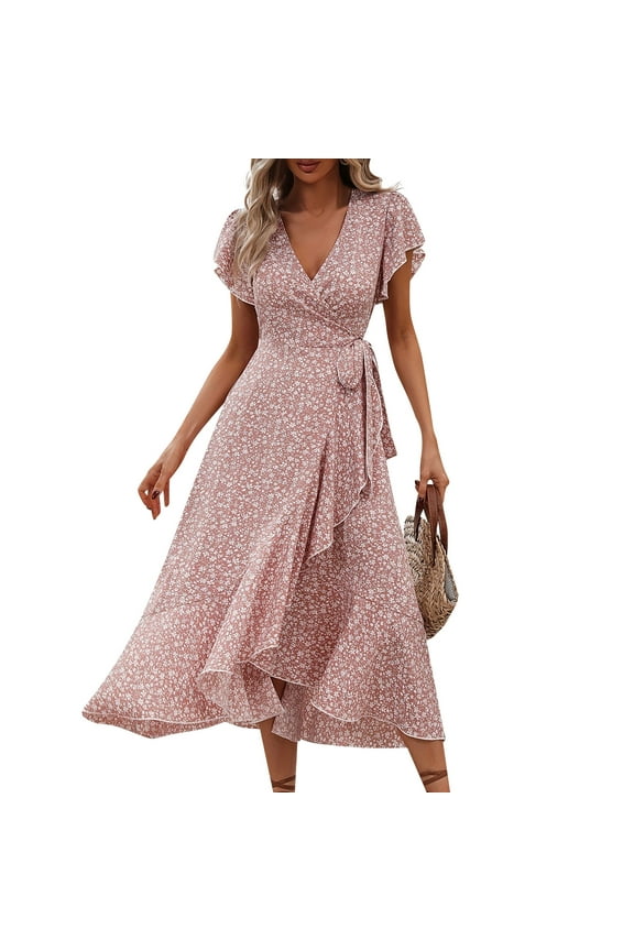 Maternity Athletic Dress, Wedding Guest Easter Dresses Chiffon Floral Short Sleeve Ruffle V Neck Tunic Flowy Maxi Dress Vintage Boho Hawaiian Dresses For Women Dresses Outfits (L, Pink) ZMTing