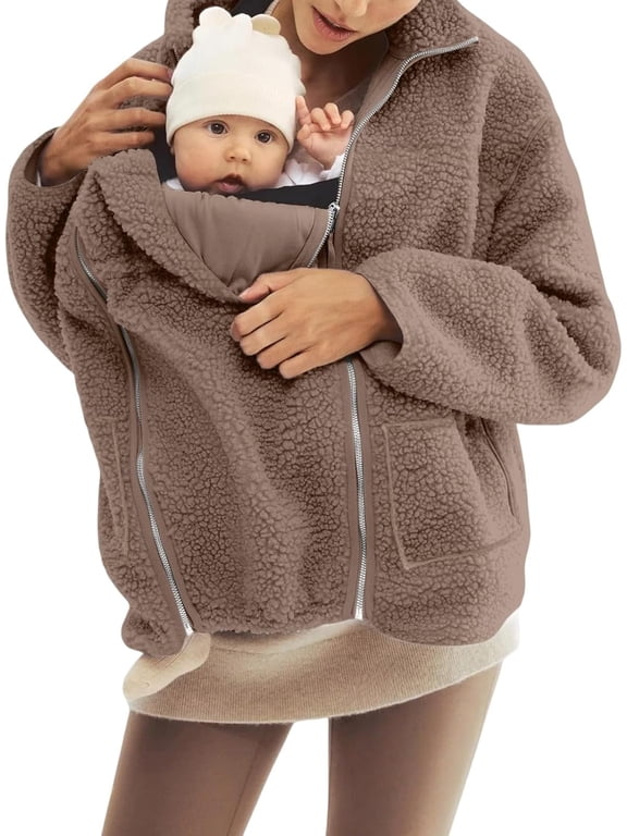 Maternity Baby Wearing Jacket, Women's 2-in-1 Winter Coat with Kangaroo Pocket, Heavyweight Fleece Zip Up Front for Mother and Infant