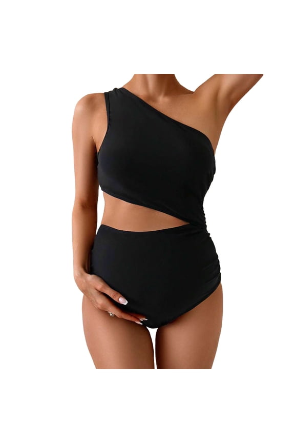 Maternity Bathing Suit Summer One Piece Swimsuit One Shoulder High Waisted Bathing Suit Tummy Control Pregnancy Swimwear Black M
