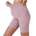 thumbnail image 1 of Maternity Biker Shorts with Side Pocket Over The Belly Pregnancy Yoga Leggings Stretch Athletic Workout Pants Pink, M, 1 of 4