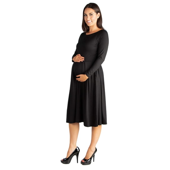 24seven Comfort Apparel Maternity Midi Length Fit N Flare Pocket Dress