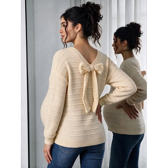 Maternity Bow Back Sweater for Women Long Sleeve V-Neck Drop Shoulder Loose Fit Tunic Knit Pullover